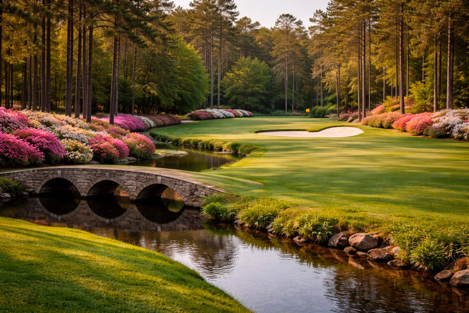 Amen Corner bei Augusta National mit Azaleen im Frühling