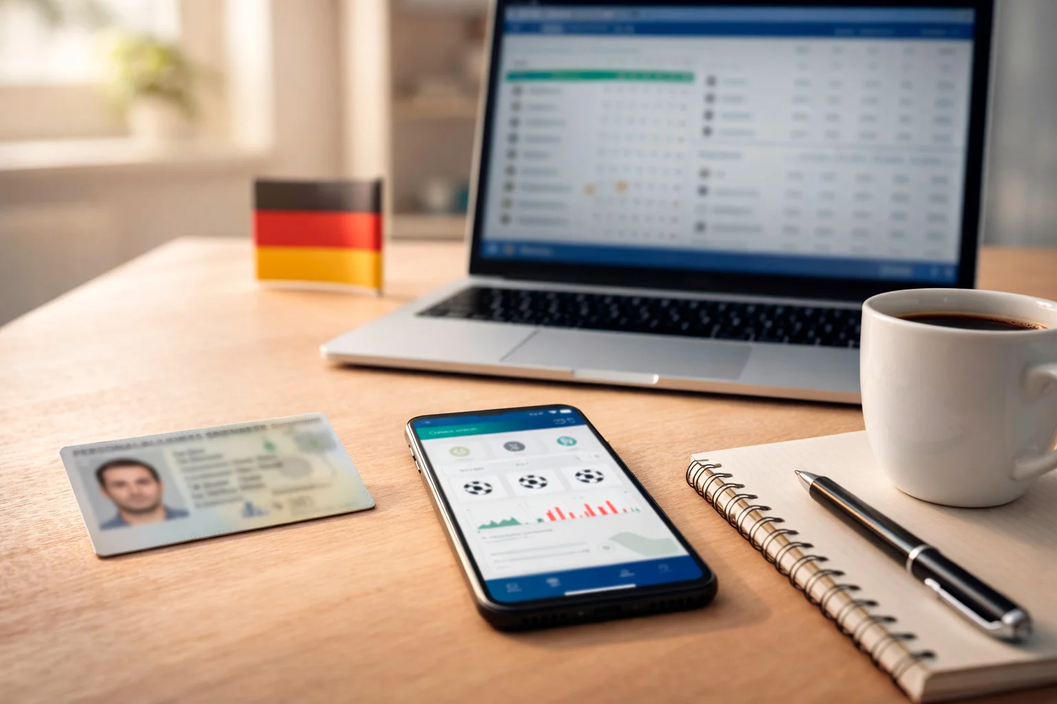 Deutscher Personalausweis neben Smartphone mit Sportwetten-App