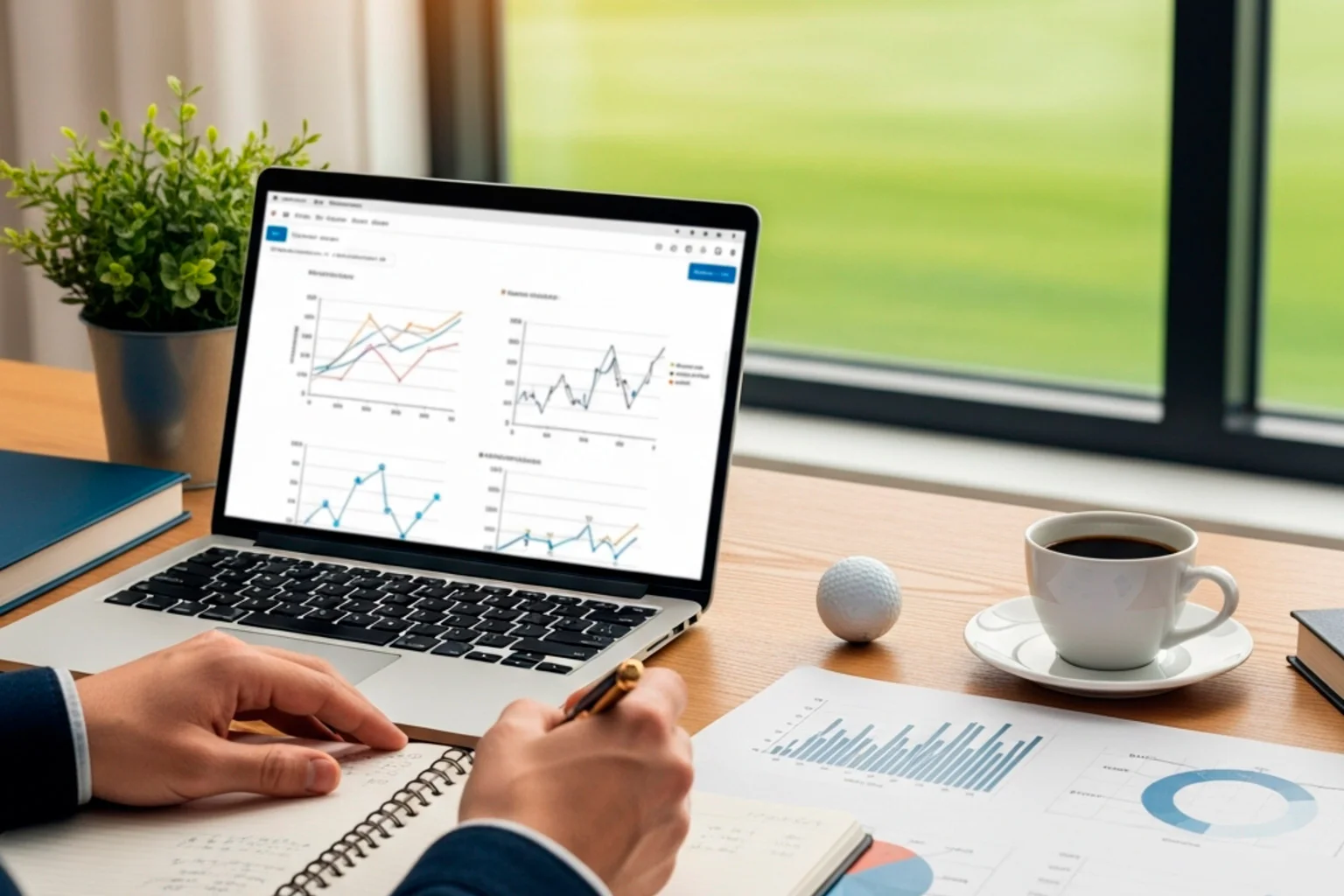 Sportanalyst berechnet Wettquoten am Schreibtisch mit Notizen