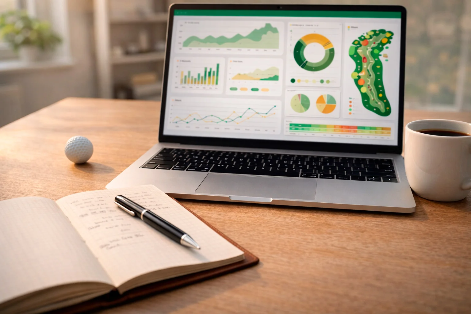 Laptop mit Golfstatistiken neben Notizen auf Schreibtisch