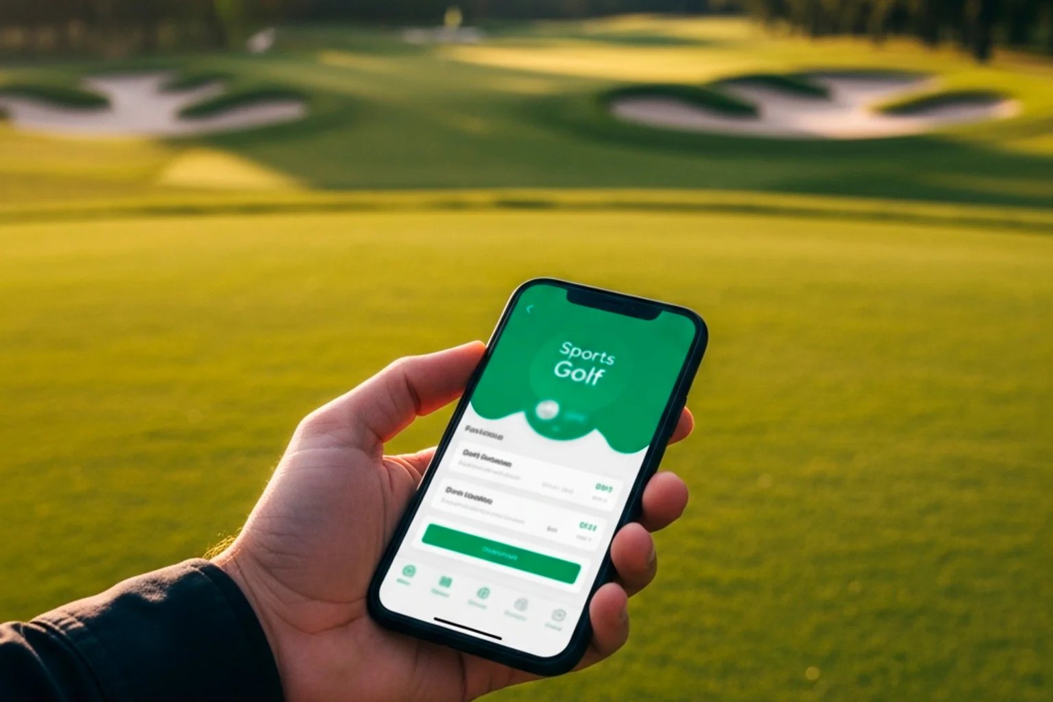 Hand hält Smartphone mit Golf-Wetten-App vor Golfplatz