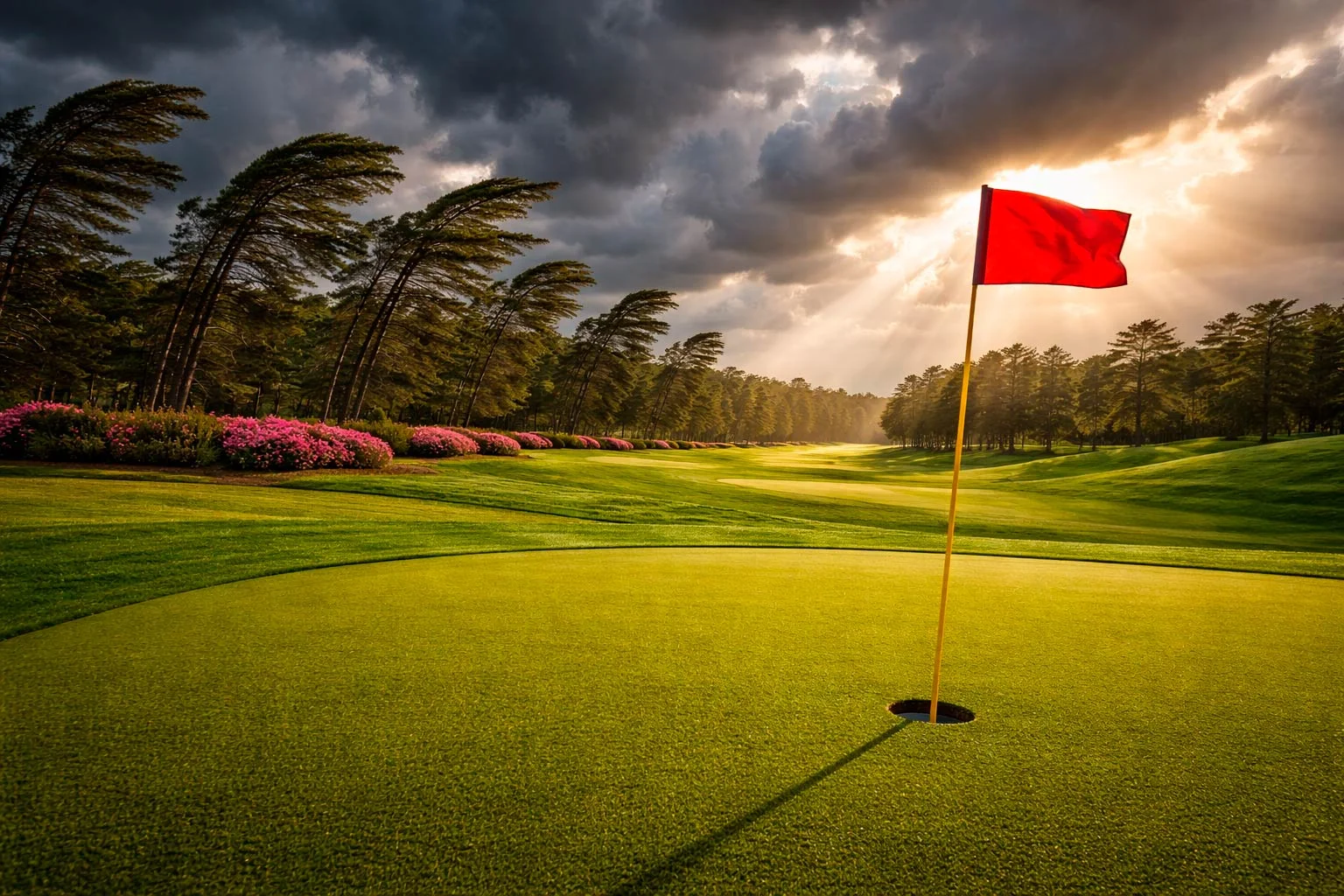 Stürmischer Wind auf dem Golfplatz Augusta während des Masters Turniers