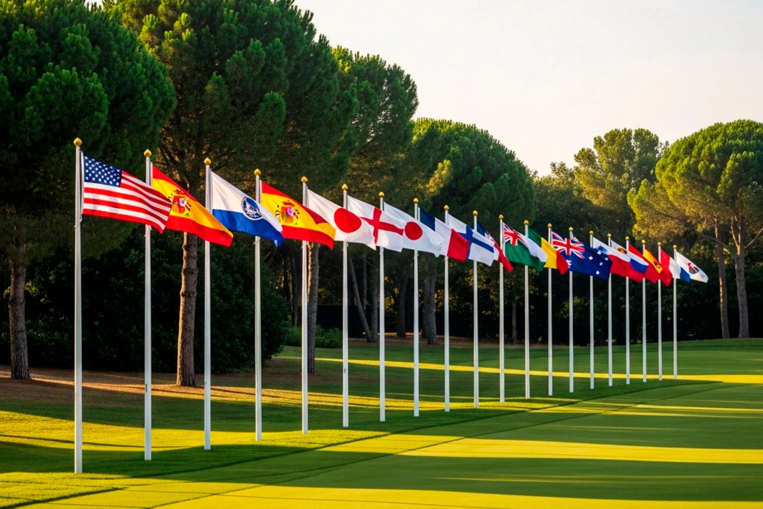 Internationale Flaggen flattern am Golfplatz beim Major-Turnier
