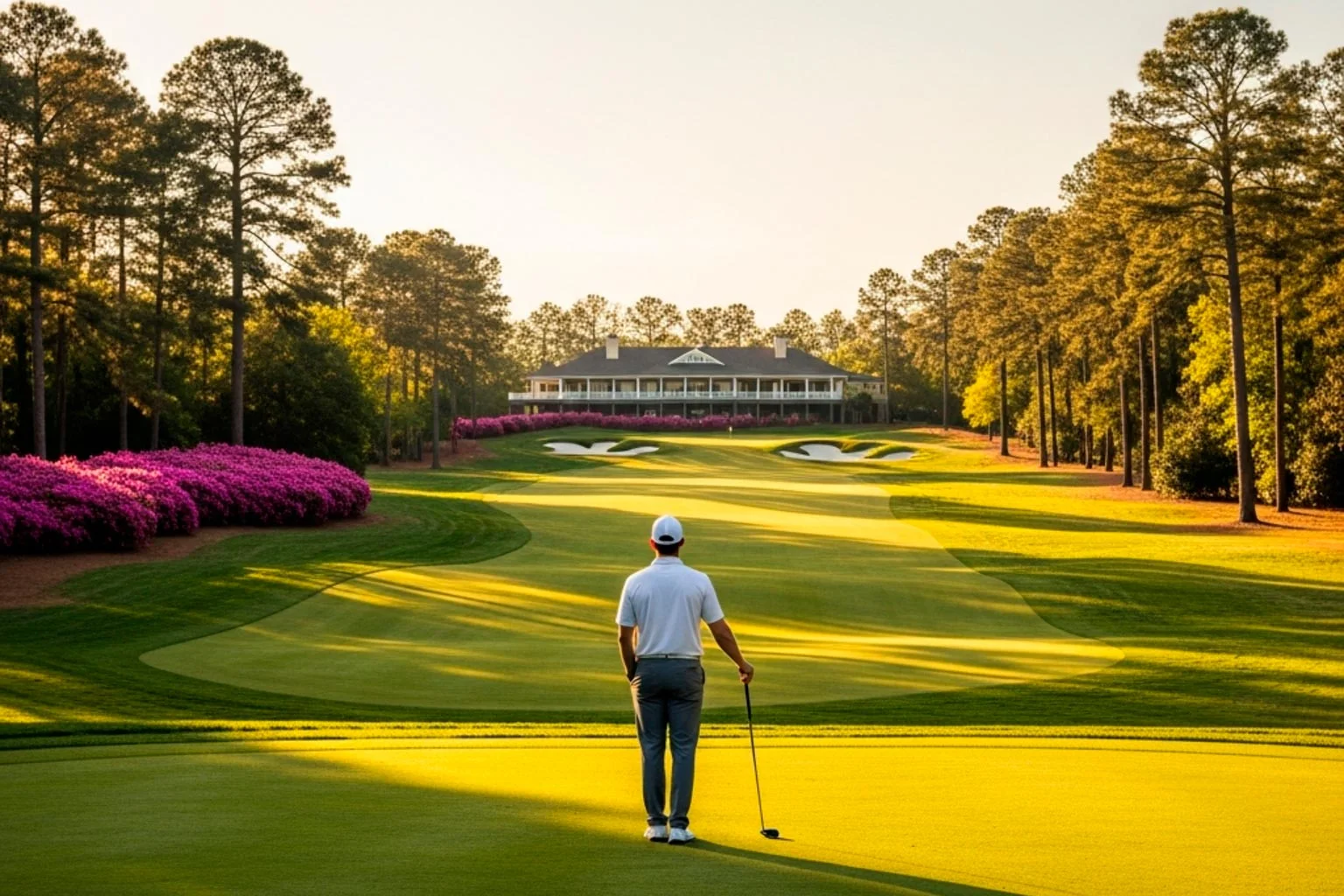 Unbekannter Golfer von hinten blickt auf das Augusta Clubhaus
