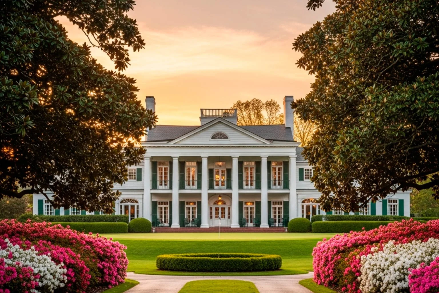 Historisches Clubhaus von Augusta National im Abendlicht