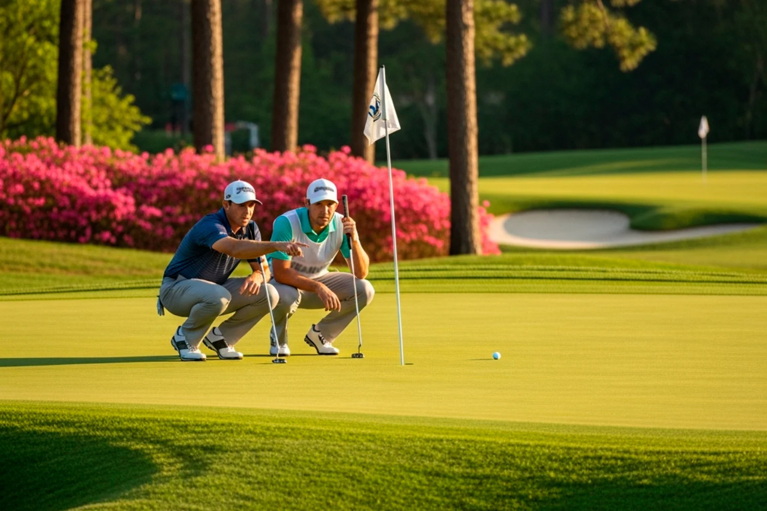 Profigolfer studiert das Grün am Augusta National mit Caddie