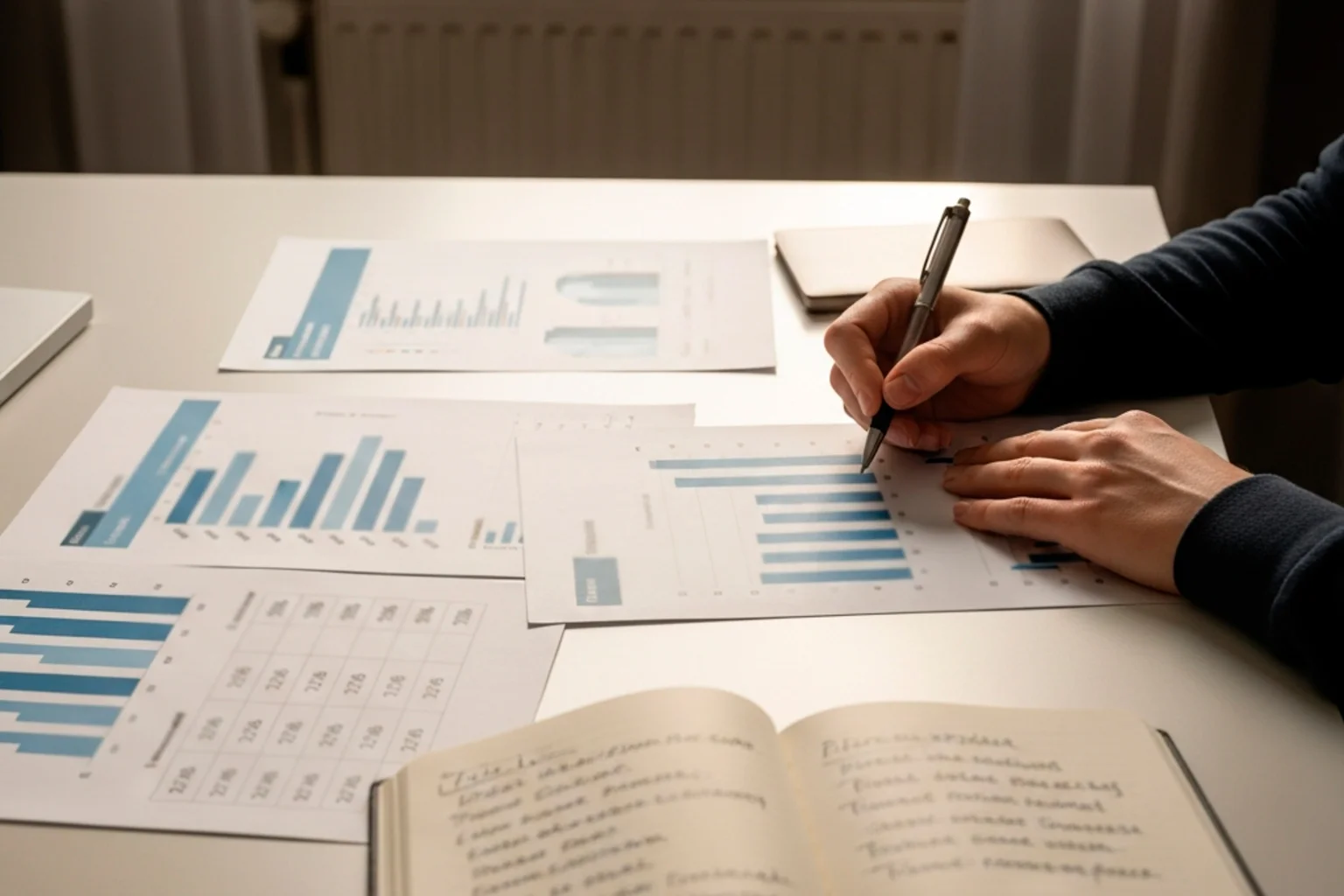 Person analysiert Sportwetten-Statistiken mit Dokumenten und Notizen